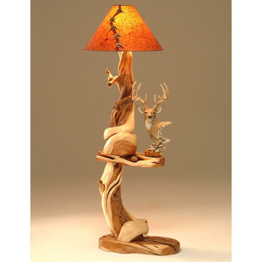 Double Teak Wood Floor Lamp With Table